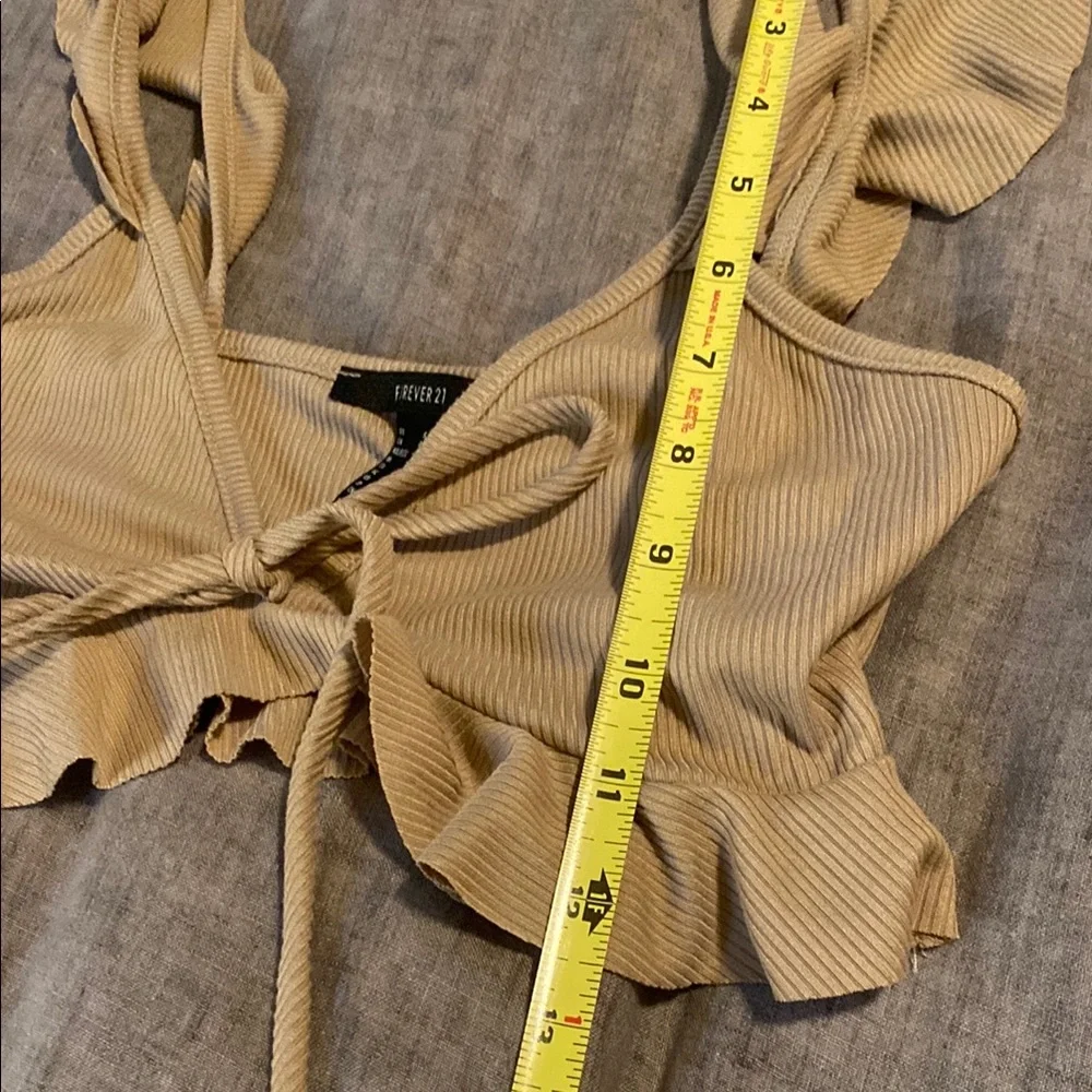 Tan Ribbed Crop Top with Ruffle Sleeves - Picture 10 of 11